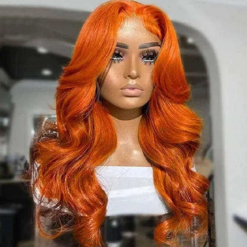 Colored Orange ginger 13x6 hd lace frontal human hair wig 30 40 Inch ginger body Wave 13x4 Frontal Curly Wigs Remy For Women