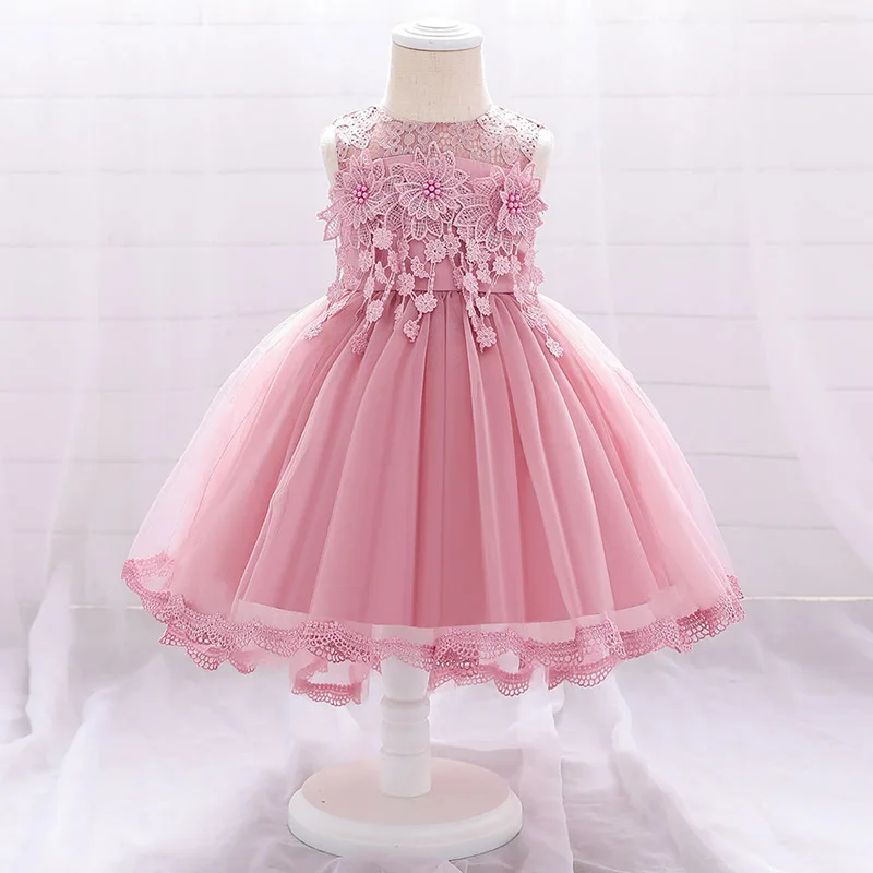 Cute Baby Girl Pink Princess Dress Newborn Kids 1st Year Birthday Party Embroidery Flower Costume Infant Bow Baptism Clothes