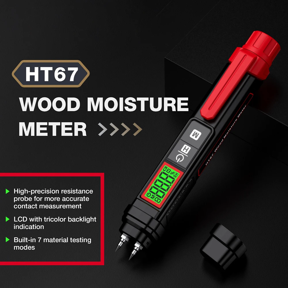 Digital Wood Moisture Meter HT67 Compact Pen Type with Data Hold Triple Color Backlit Screen and Low Battery Reminder