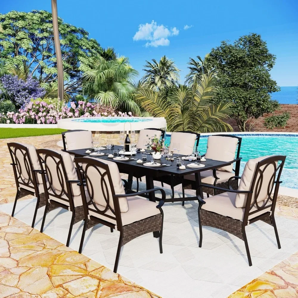 9 Piece Patio Table Set for 8 People, Patio Furniture Set with 2 Rattan and Metal Swivel Chairs and 6 Dining Chairs