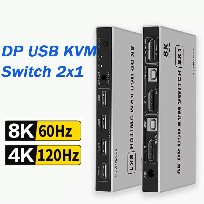 

8K 60Hz Displayport KVM Switch 2x1 DP USB KVM Switcher 2 in 1 out 4K 60Hz DP Switcher 2 PC Share Keyboard Mouse Printer Monitor