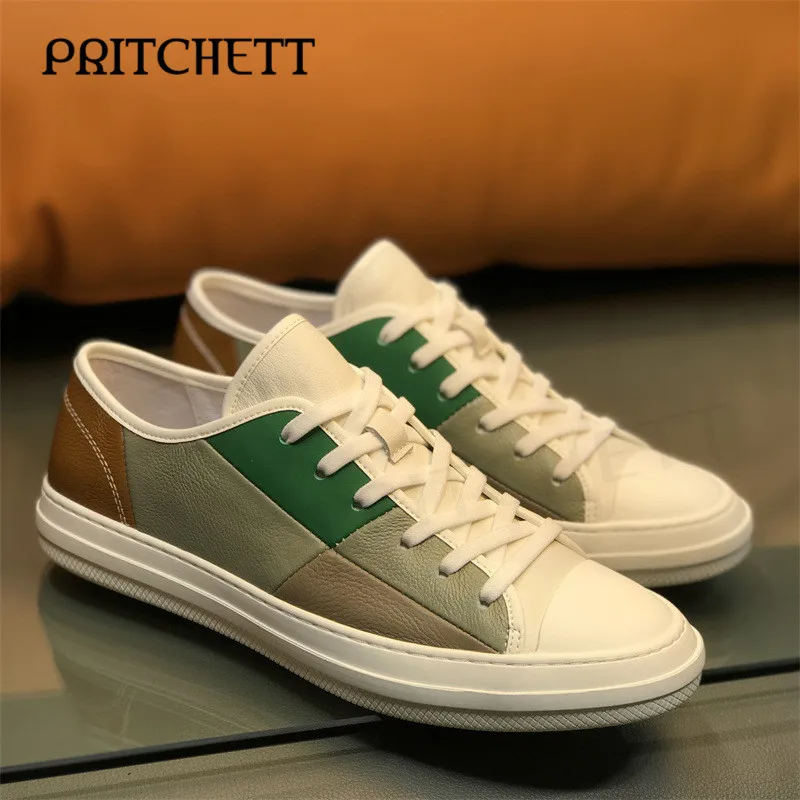 

Genuine Leather Color-Blocked Men's Shoes Round Toe Lace-Up Trendy Sneakers Casual Comfortable and Fashionable Shoes