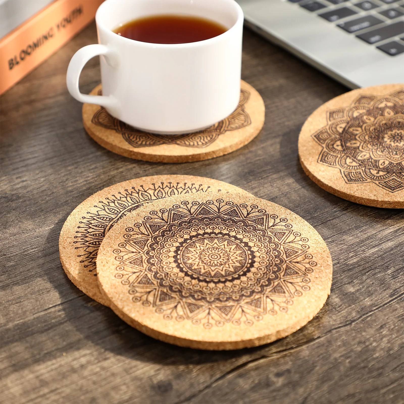 

Cabilock Round Cork Coaster Mat Set Absorbent Wood Drink Pads with Stand Ideal for Living Room Office Gift