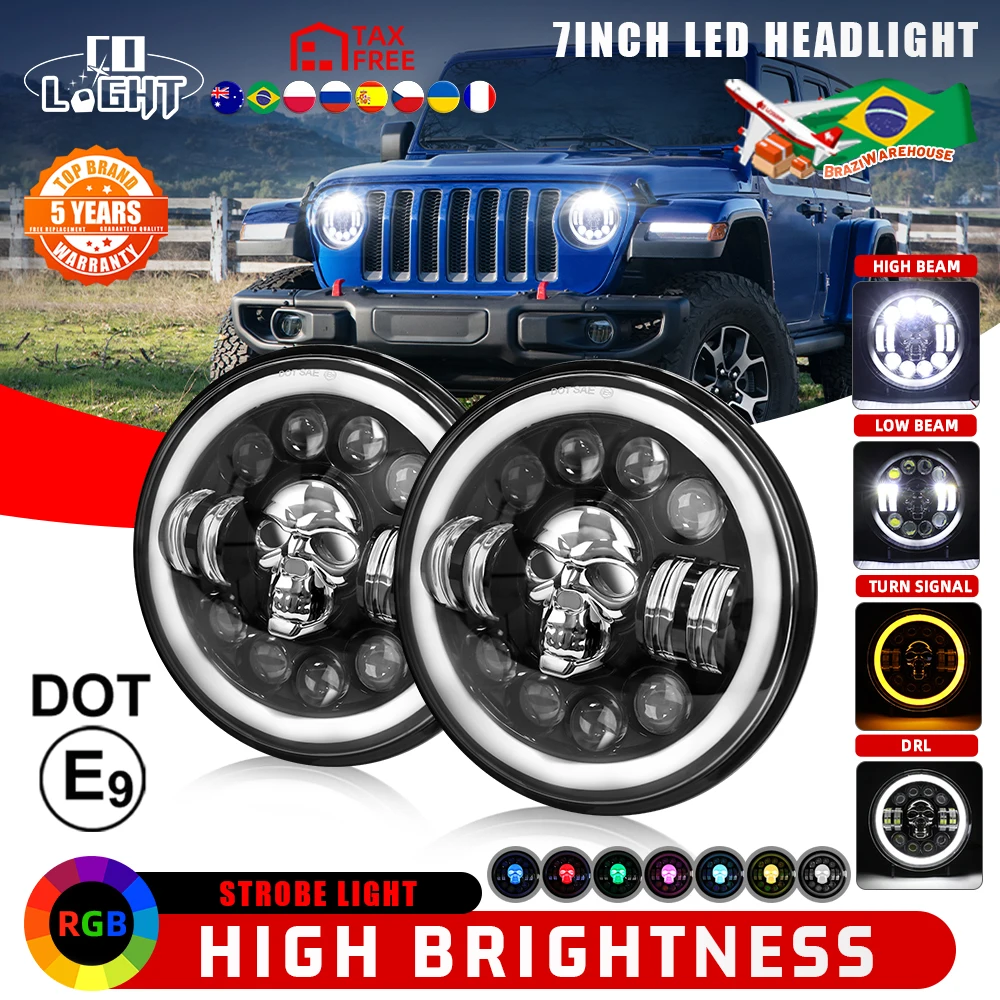 

CO LIGHT LED 7 Inch Round LED Skull Headlight Far Near Light DRL With Turn Signal Angel Eyes DOT Motorcycle Headlamps 12V 24V