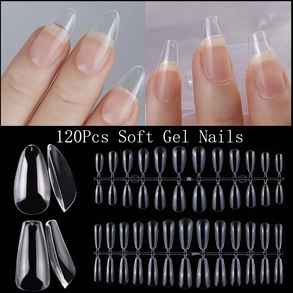 120Pcs Nail Tips American Gel Capsule X Extension System Soft Fake Nail Sculpted Almond Coffin Full Cover Press On Nail