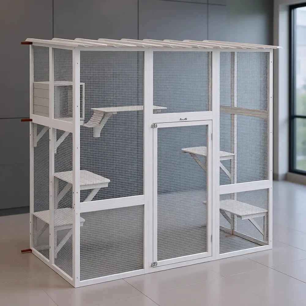 

Уличный вольер для кошек с деревянным домиком, когтеточками и защитой от непогоды для 1-2 кошек, 68 x 35.5 x 70.5, белый