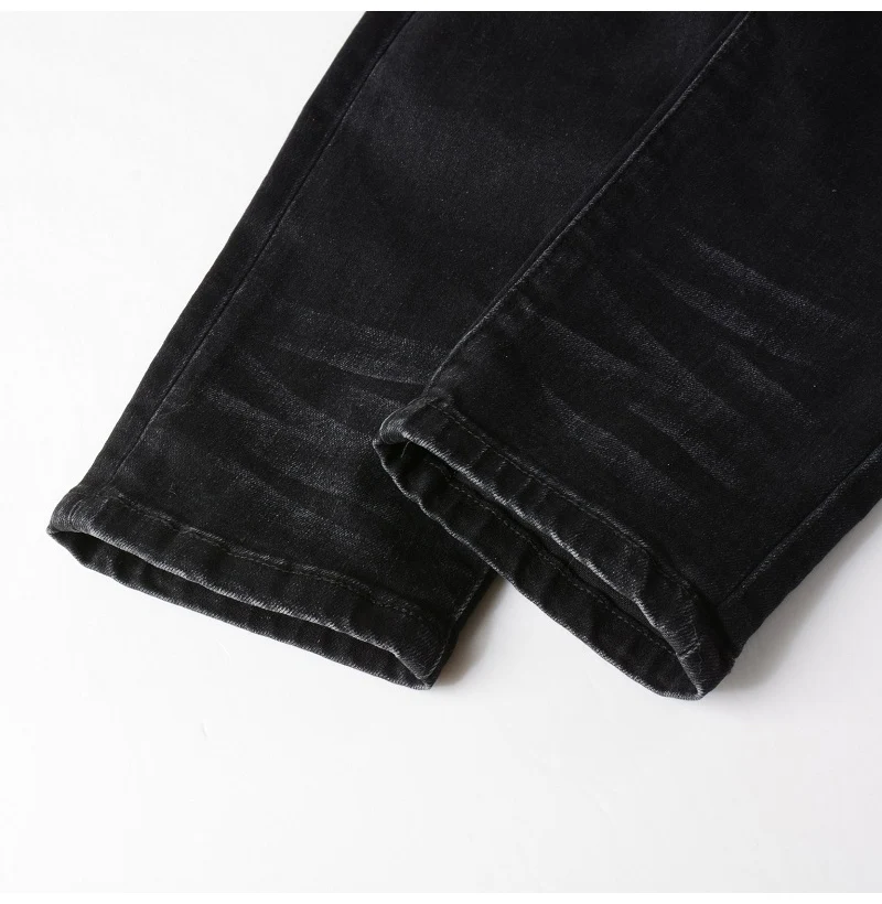 Herren Rote Rissige Plissierte Patchwork-Biker-Jeans Streetwear Stretch-Denim-Hose Skinny Tapered Schwarze Hose – Detail 11