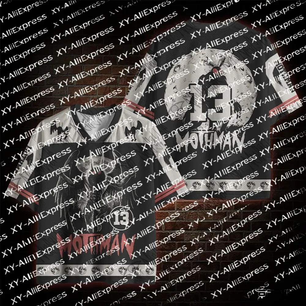 Men Varsity V-Neck Mesh Jersey, Retro Mothman Creature Print, Casual Sport Mesh Top for Horror Party & Night Street Outfit