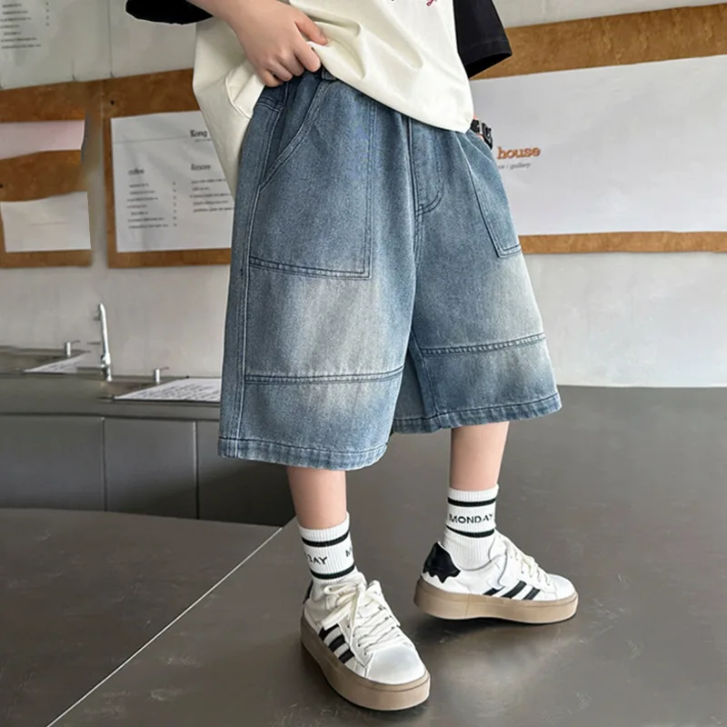 Boys Cropped Denim Pants 2026 Summer Boys Denim Shorts Jeans Loose Five Point Casual Versatile Trendy Pants For Kids