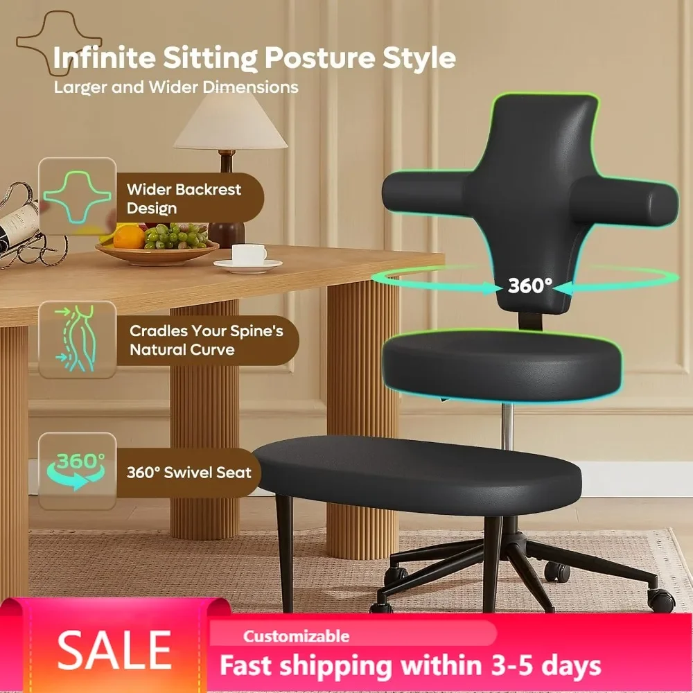 Ergonomic Cross Legged Office Chair Extra Wide for ADHD, Kneeling Chair 360° Swivel Wheels, Adjustable Height, PU Leather Black