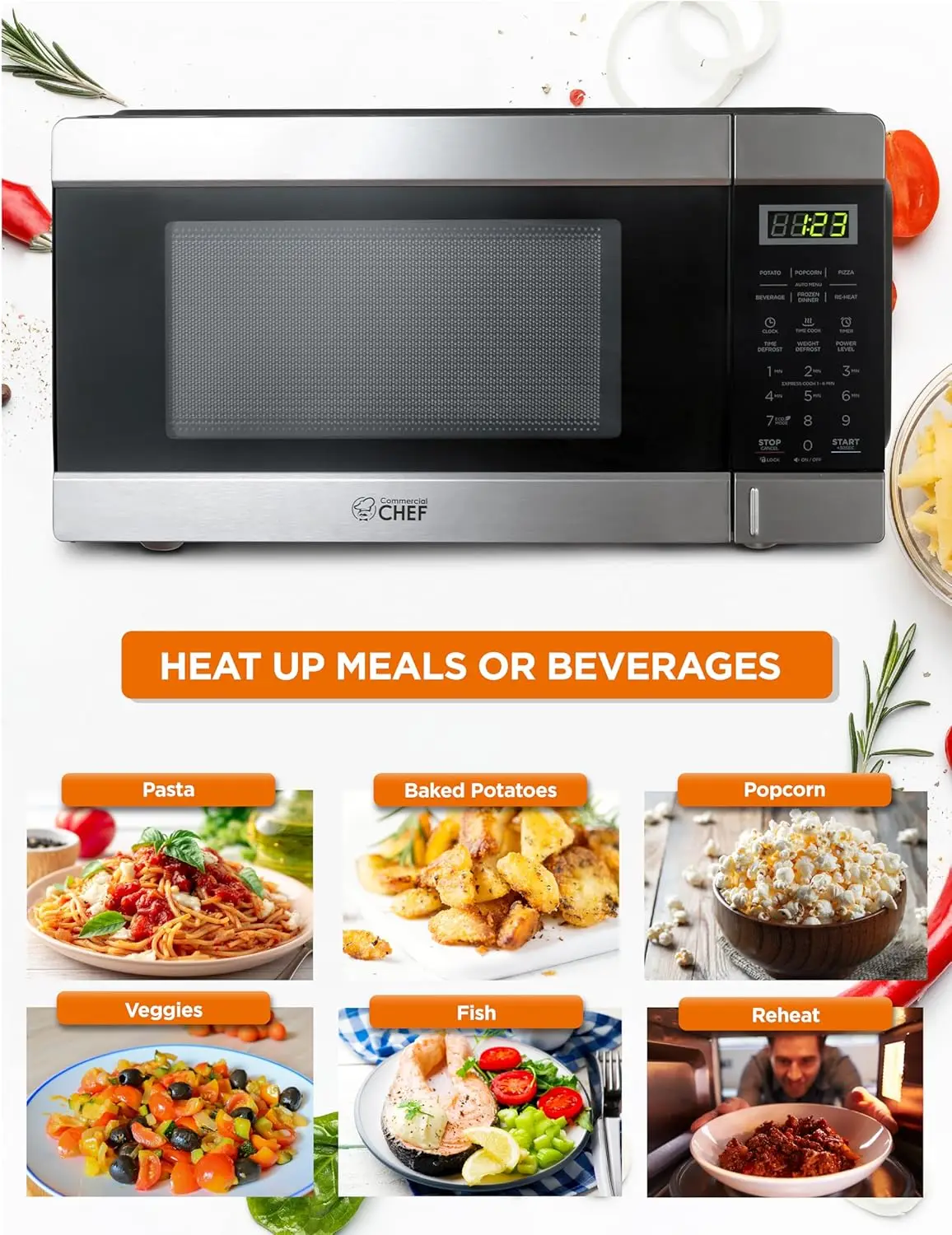 Microwave with 10 Power Levels, Small Microwave with Push Button, 1000W Countertop Microwave with