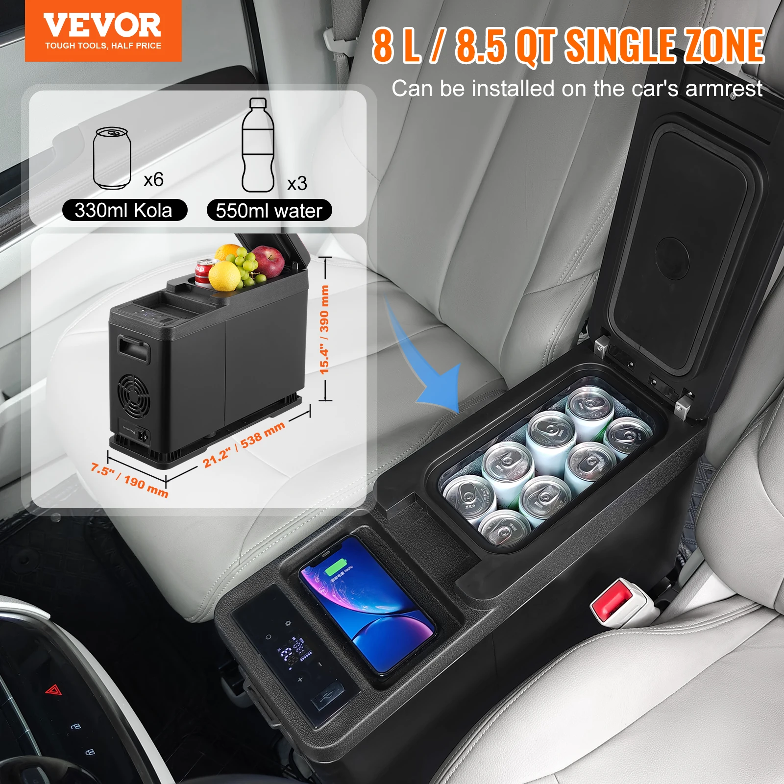 VEVOR 12V Car Armrest Refrigerator Fridge, 8 L Single Zone Freezer, 12/24V DC and 100-240V AC Compressor Cooler for Outdoor