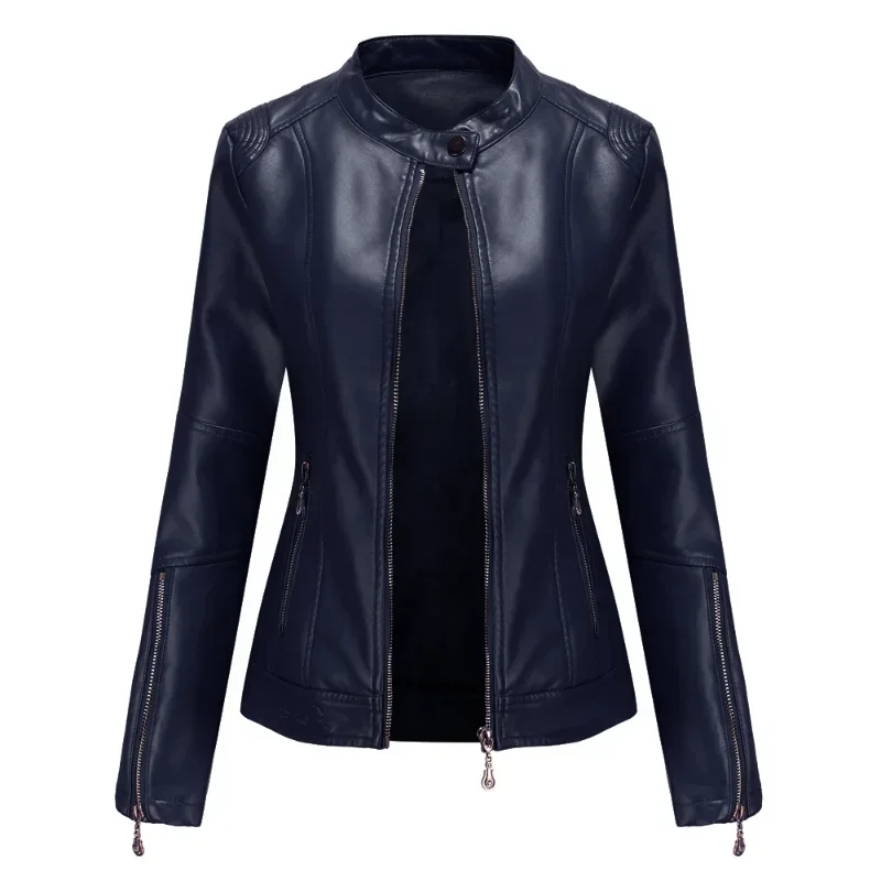 BTQWFD Women\'s Jackets Spring Autumn Coats Female Clothing 2024 New Long Sleeve Fashion Stand Collar Leather Outwear Motor Biker