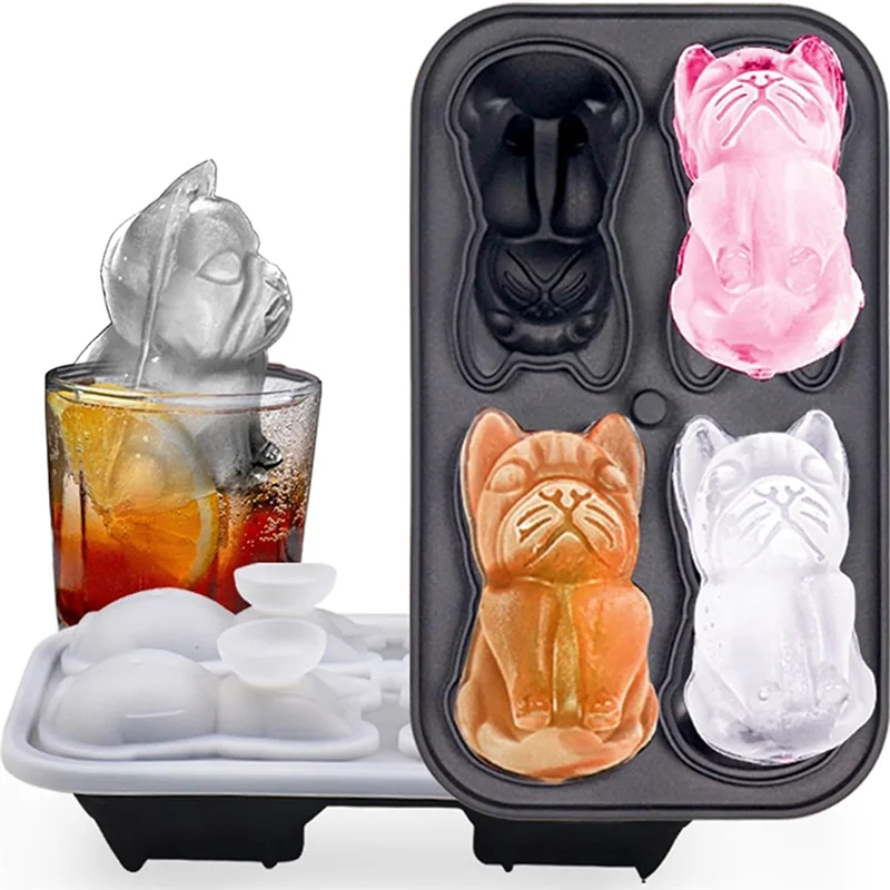 【Подержанные предложения】Лот для кубиков льда с крышкой - 3D французский бульдог, 2-дюймовые формы для кубиков льда, большие силиконовые формы для кубиков льда на 4 отверстия для венчика