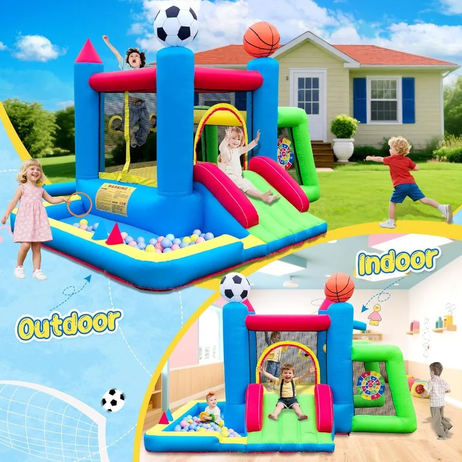 บ้านลมเป่าลม 7-in-1 สำหรับเด็กอายุ 3-6 ปี – ปราสาทลมธีมกีฬาพร้อมสไลเดอร์ บ่อบอล ห่วงบาสเก็ตบอล และห่วงโยนลูกบอล