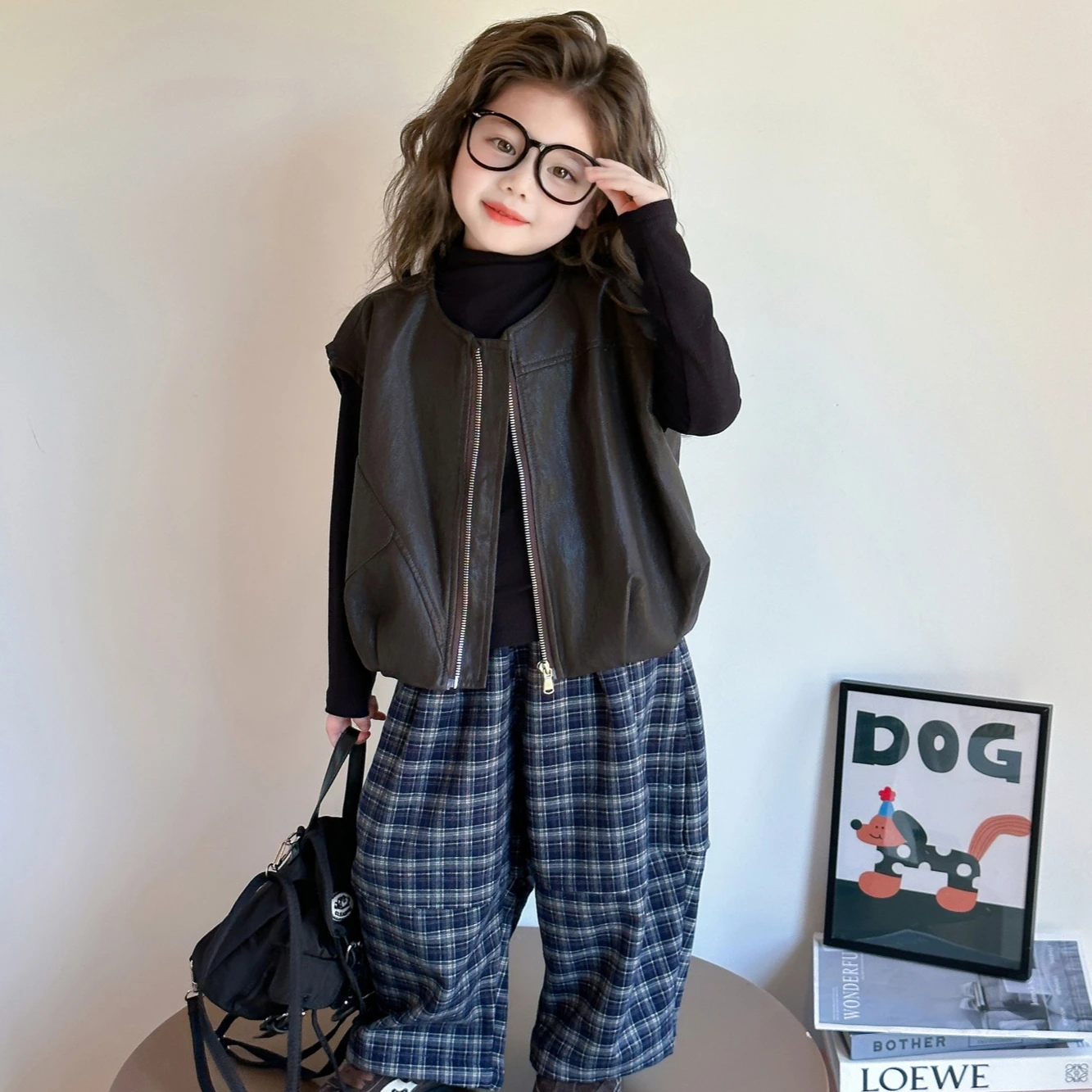 

Girls Suit 2025 Autumn New Children's Clothing Korean Style Girls Baby Bottom Shirt Leather Vest Check Pants Three Sets