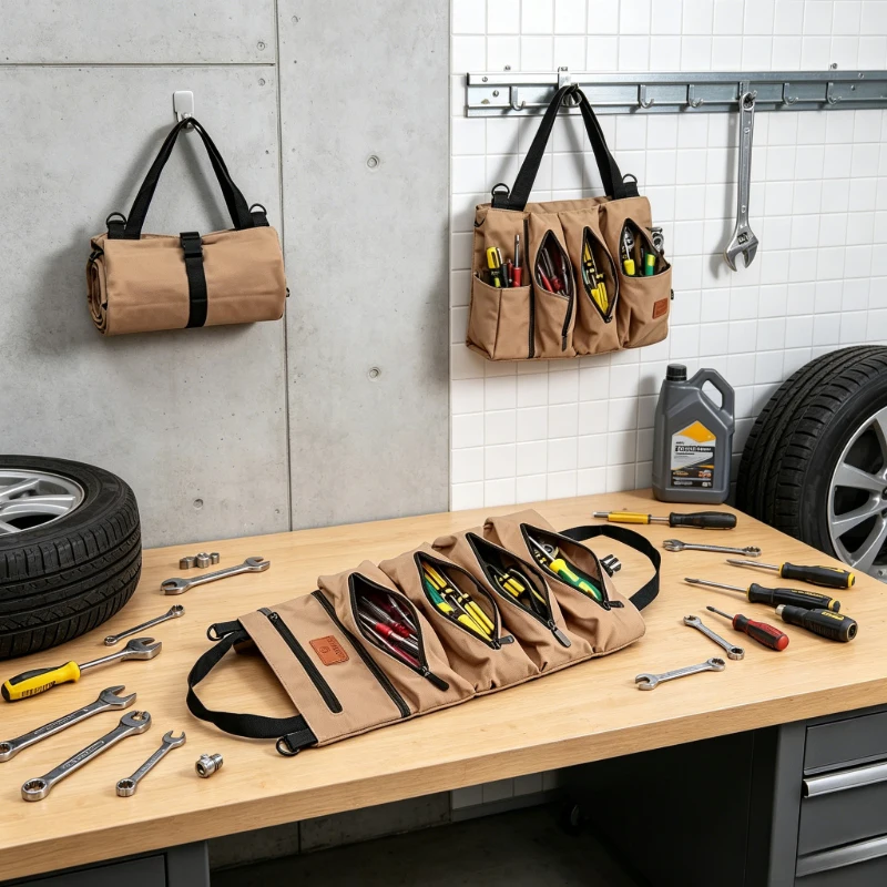 

Khaki Roll Up Tool Bag, Multi-Pocket Portable Hardware Pouch, Durable Tools Organizer for Home Workshop, Practical Gift