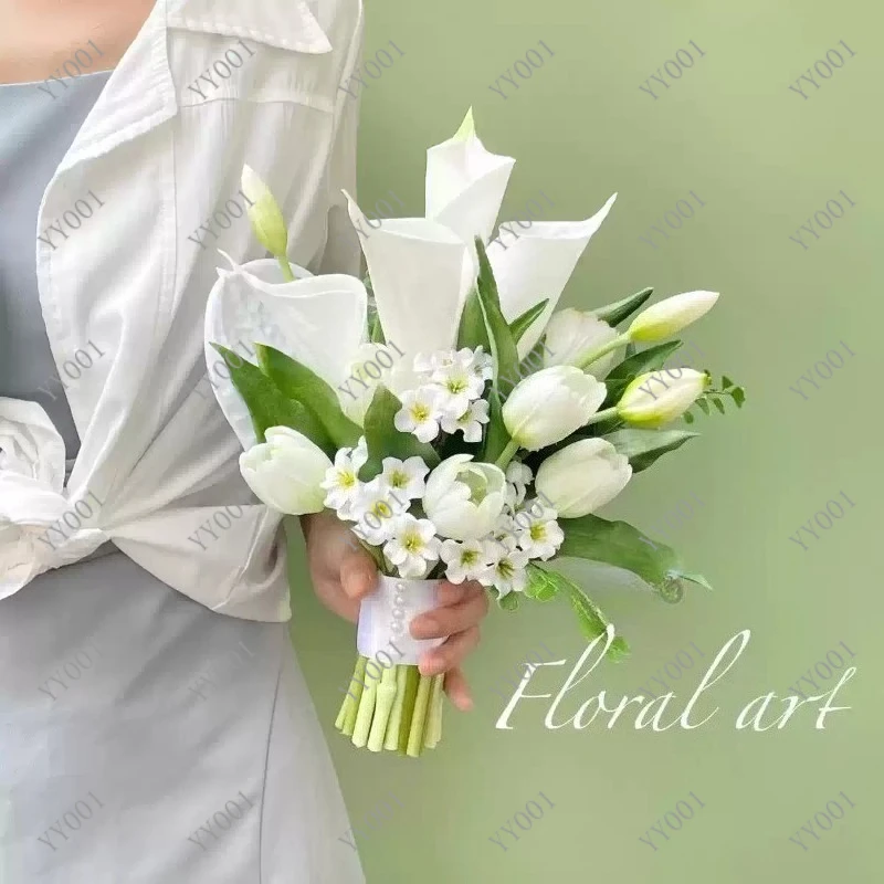 

French Style Calla Lily Tulip Artificial Bouquet Bride Wedding Photo Props Home Decor