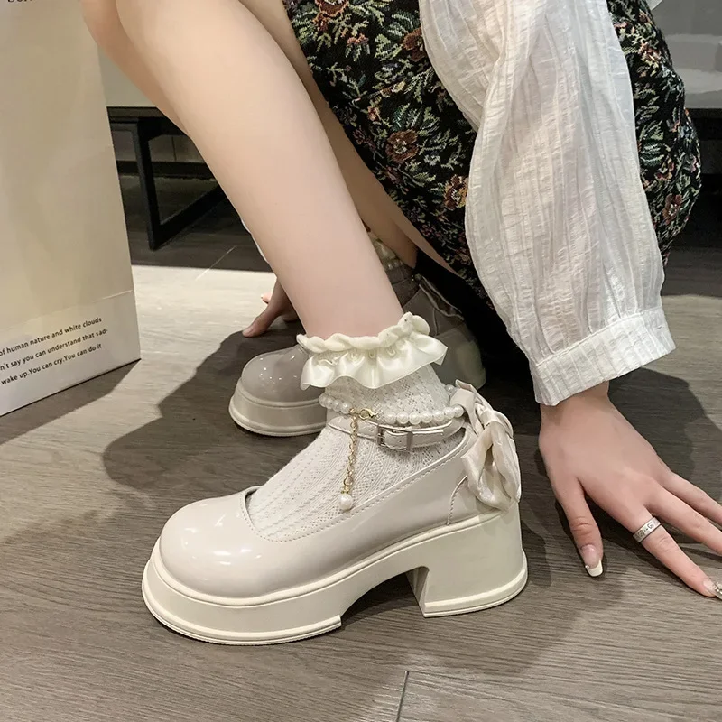 

2025 New Women's High Heels Pearl Button Mary Jane Women's Shoes Fashion Lolita Shoes Retro Comfortable Women's Shoes
