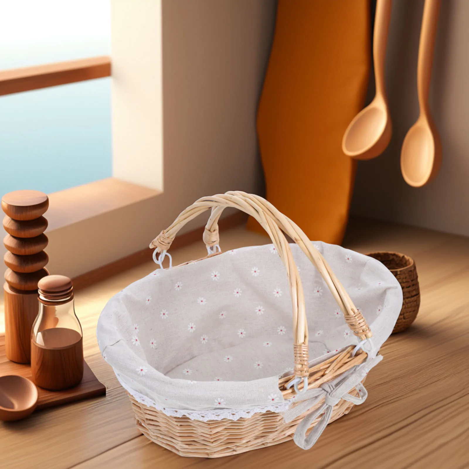 

Wicker Picnic Basket Rustic Handwoven Portable Fruit Storage Organizer Home Kitchen Counter Basket for Outdoor Events