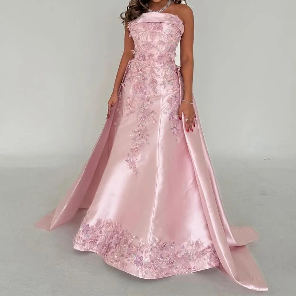 Customized Exquisite Boat Neck Satin Sleeveless A-Line Evening Dress Crystal Panel Train Pleats Flowers Photo Color Floor Length