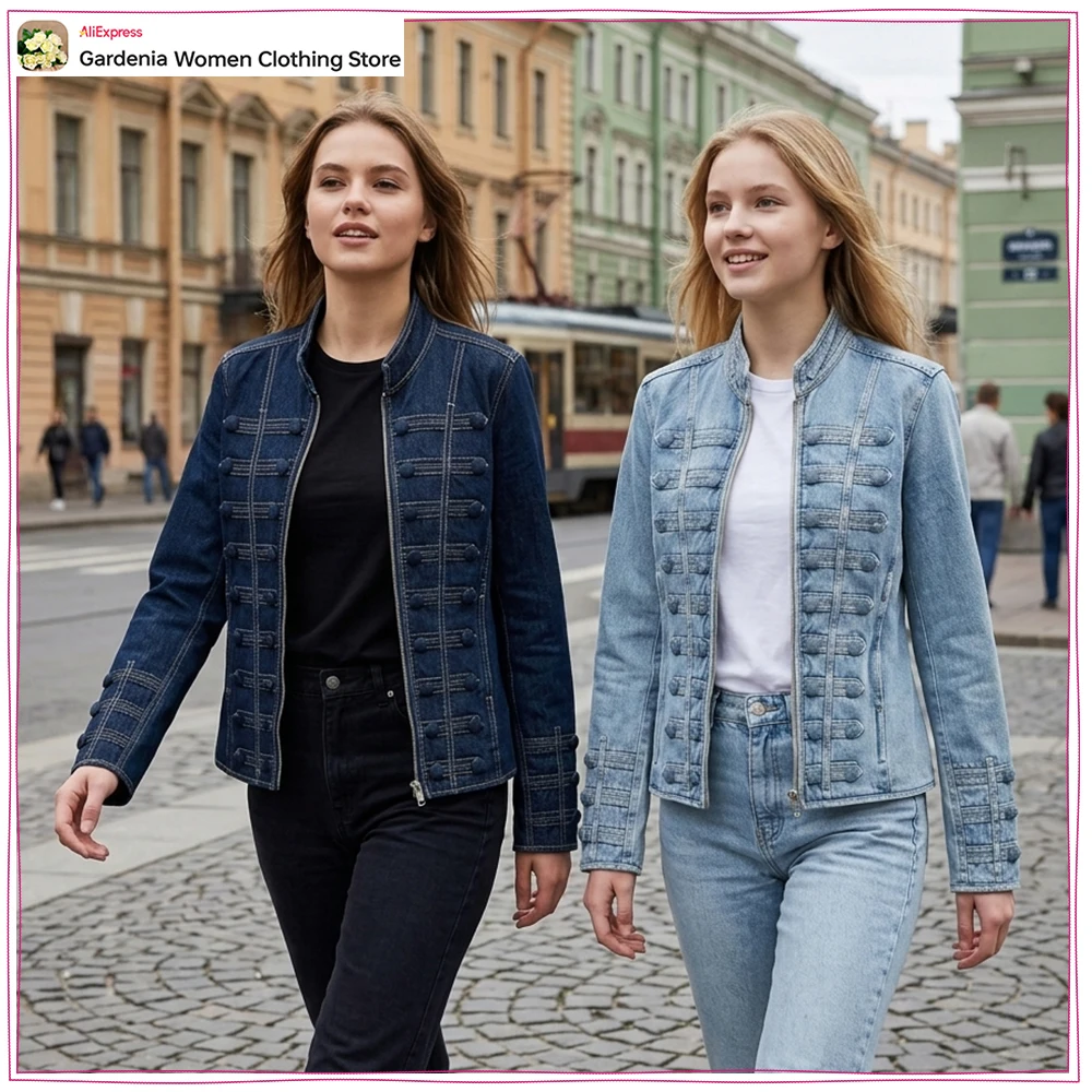 High Street Women Tailored Denim Jackets with Covered Buttons New in Casual Cowgirls Round Neck and Long Sleeve Zippered Jackets