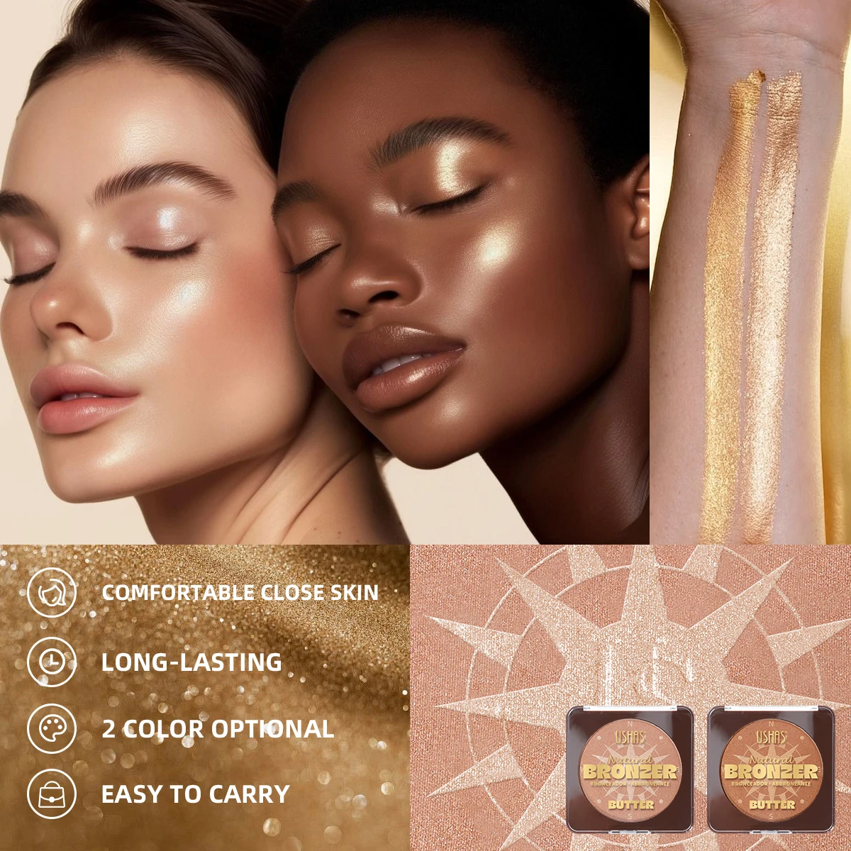 USHAS 하이라이터 파우더, 두 가지 색상, 자연스러운 광채, 고발색 및 지속력, 크림 포뮬러, 필수 아이템