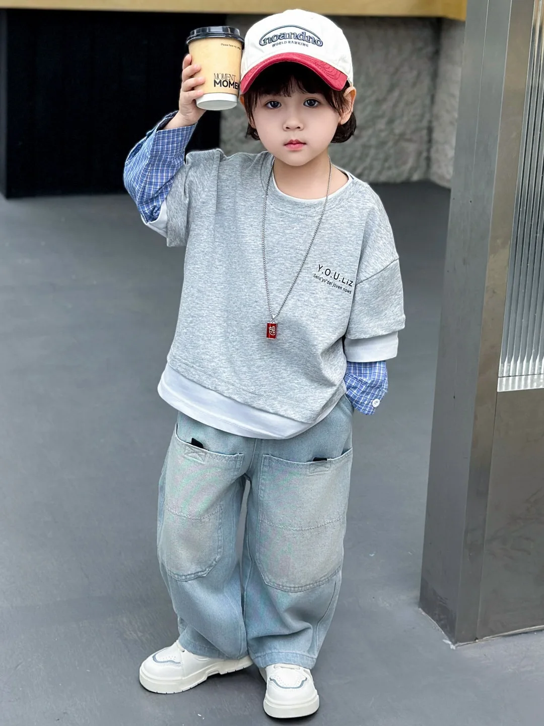 

Cool Boys Suit Autumn outfit New Style Fashion fake two piece Patchwork Sweatshirt+Jeans Two Piece Set Children's Wear 2-10 Year
