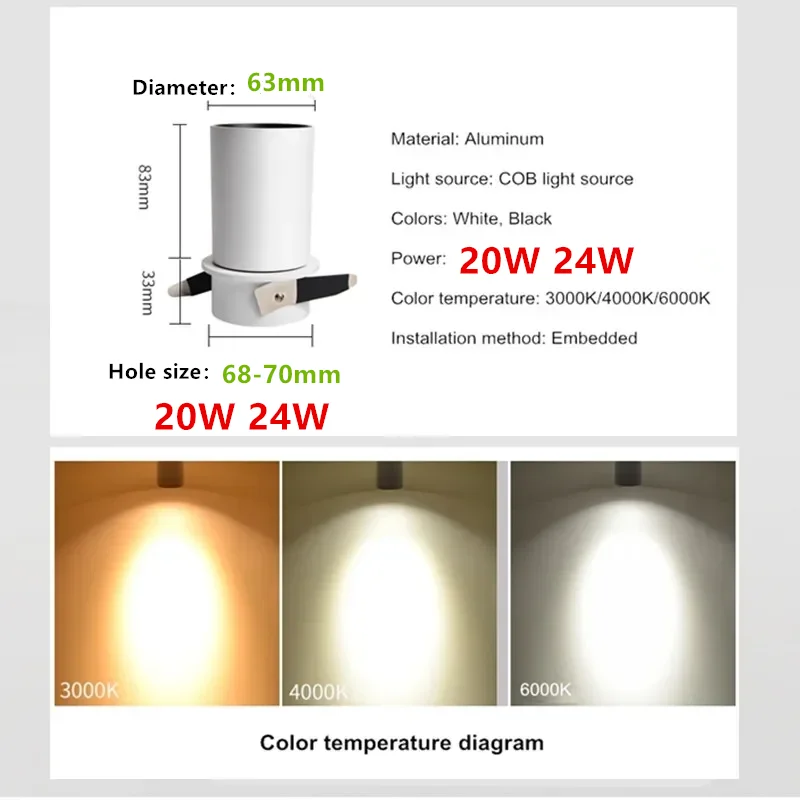 CRI 98 Embedded Folding Rotated LED Downlights 10W 15W 20W 24W Anti Glare COB Ceiling Lamp Spot Lights AC90-260V +Led Drive