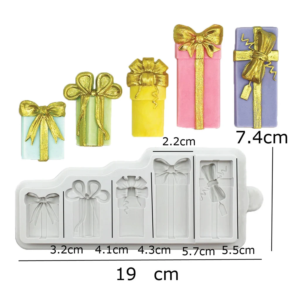 5 Gift Silicone Fondant Mold Christmas Gift Box Mould Cake Topper Chocolate Candy Baking Tools DIY Crystal Resin Clay