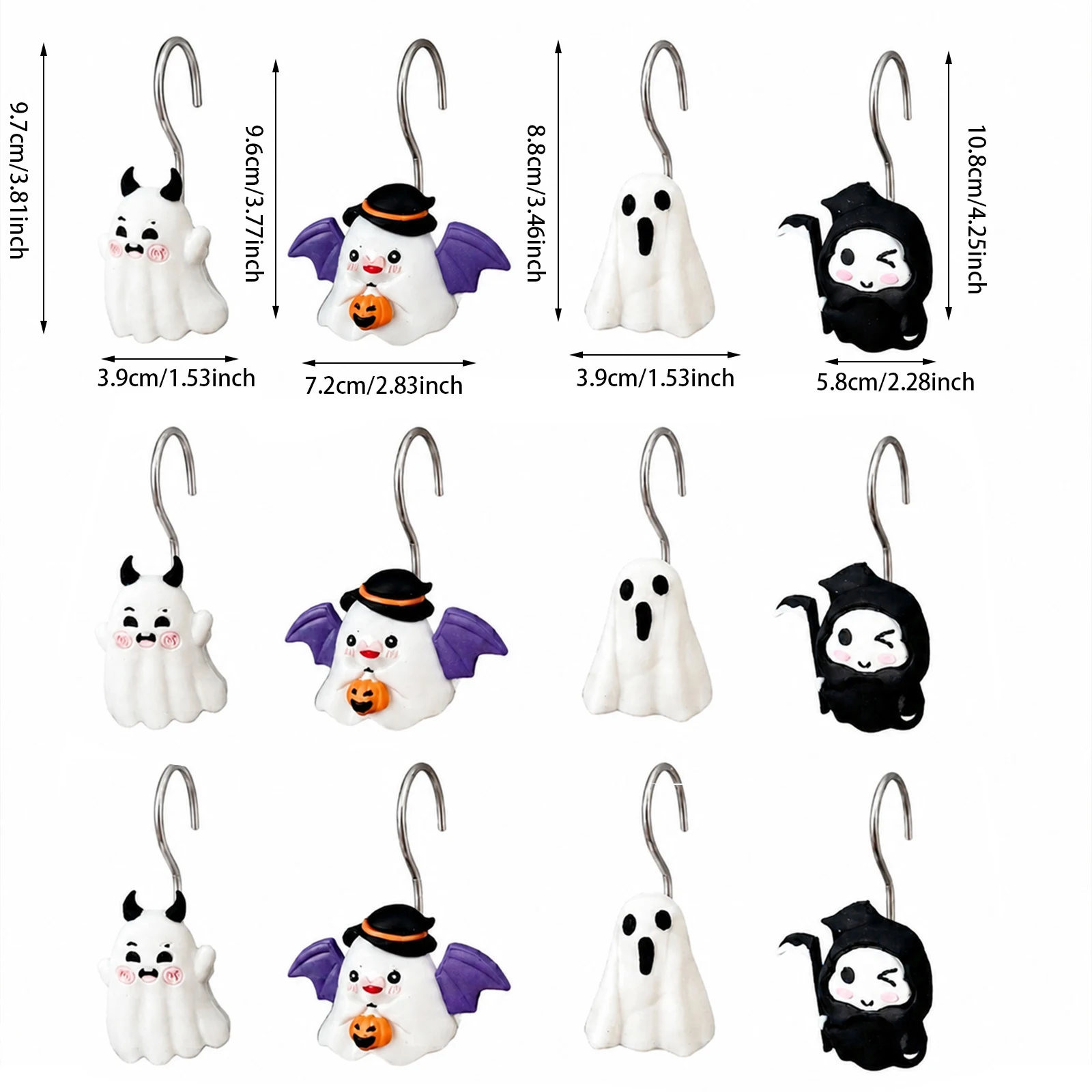 12-Piece Halloween Bath Curtain Hooks, Durable Ghost Stainless Steel Rust-Resistant, Modern Style, Easy Install, Waterproof