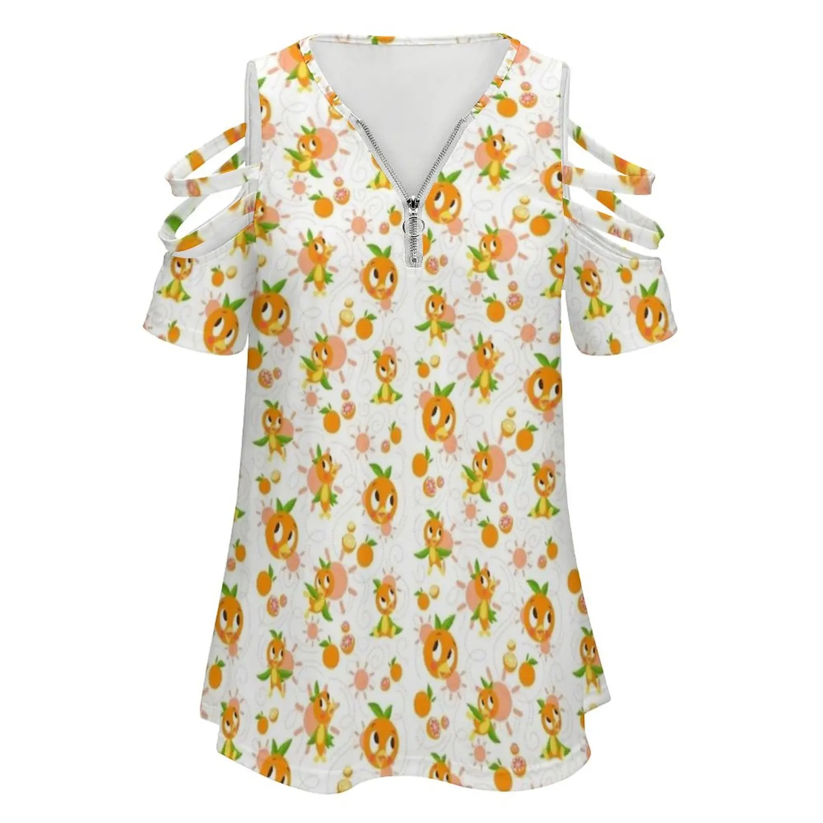 Hello Sunshine!-Orange Bird ( White Background ) New Fashion Zip Off Shoulder Top Short-Sleeve Women Shirt Orange Bird Walt