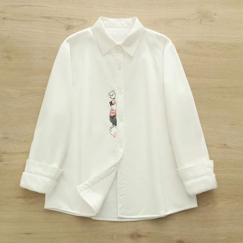 جديد 2025 الخريف قميص قطني بكم طويل الصوف ، المرأة بدوره إلى أسفل طوق التطريز ، موري فتاة الدافئة لطيف بلوزة فضفاضة T59822CC