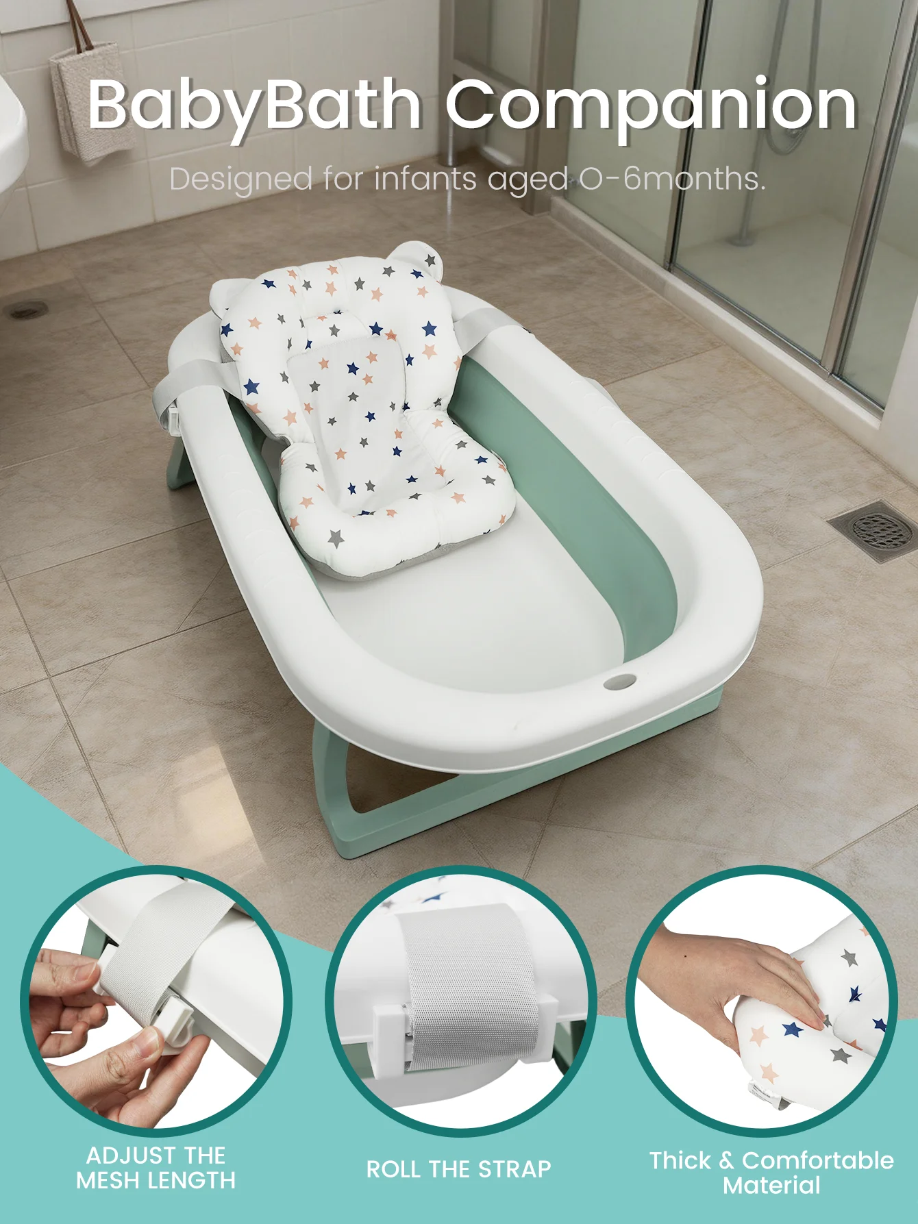 Baby Bath Support Seat Star Pattern Print 3D Breathable Mesh Soft Padded Pillow Non-Slip Infant Newborn Bath view 2