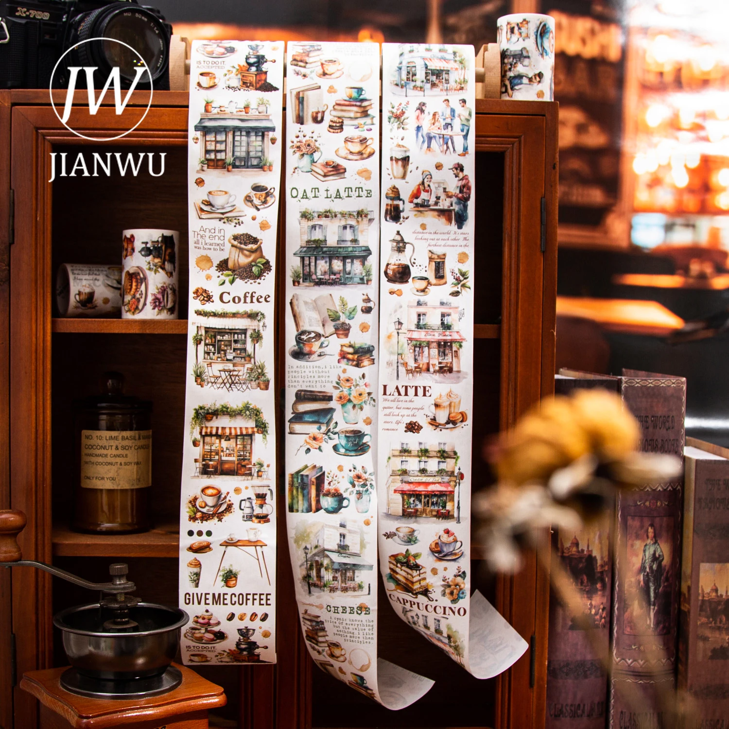 JIANWU 60mm*200cm Coffee Check-in Diary Series Vintage Flower Landscape Decor Washi Tape Creative DIY Journal Collage Stationery