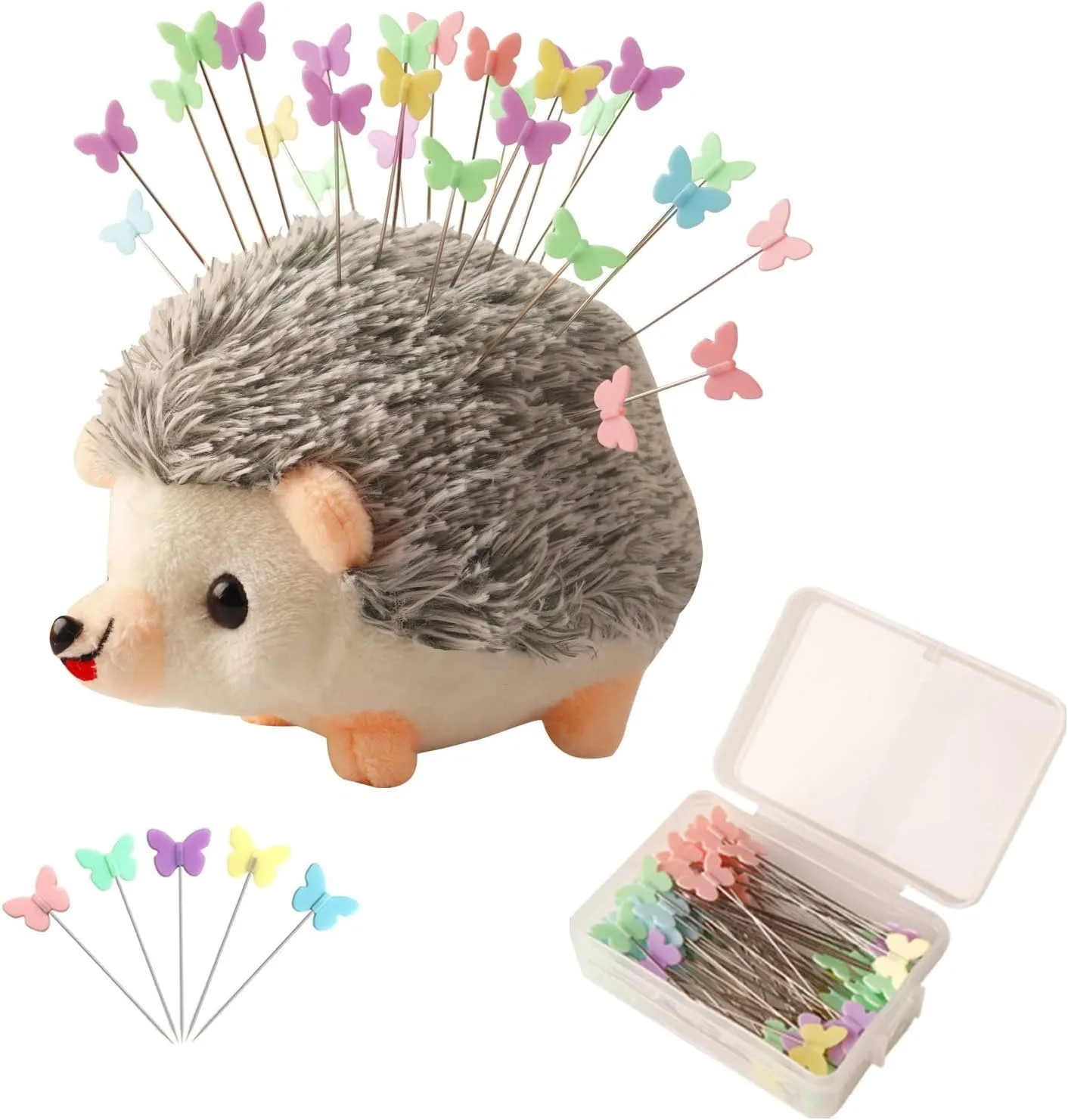 Hedgehog Shape Pin Cushion Cute Pincushions with 100Pcs Colored Butterfly Pins Sewing Kit