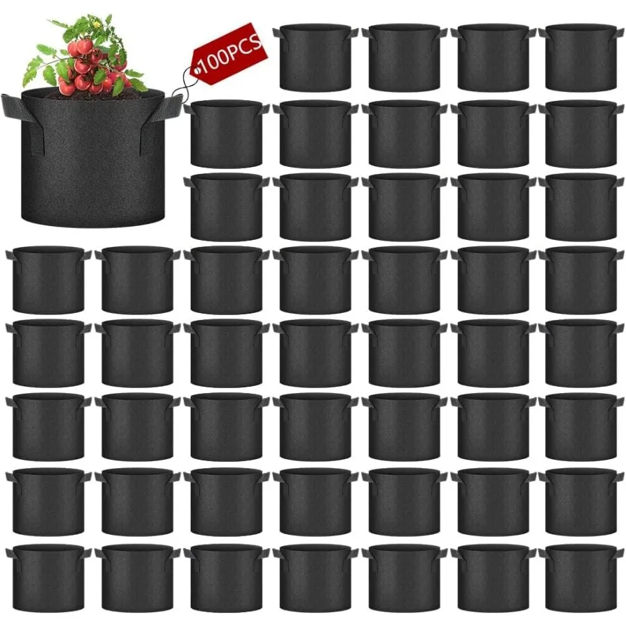 

Garden fruit vegetable flower growing: heavy duty nonwoven fabric pots, black, breathable with handles, 5 gallon, 100 pack