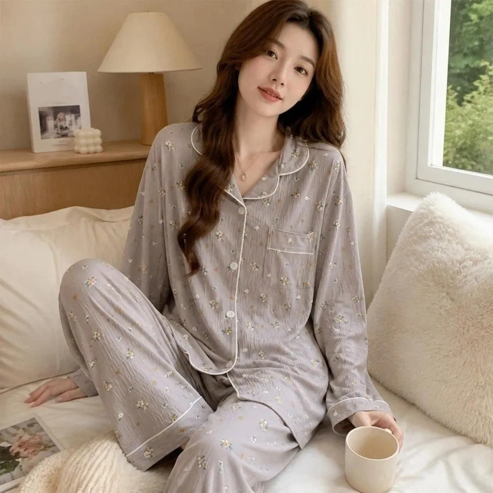 Süßes Leoparden-Pyjama-Set mit Schleife und Bärchen, Damen-Loungewear mit Kirsch- und Blumenmuster, Nachtwäsche-Anzug für Damen – Detail 10