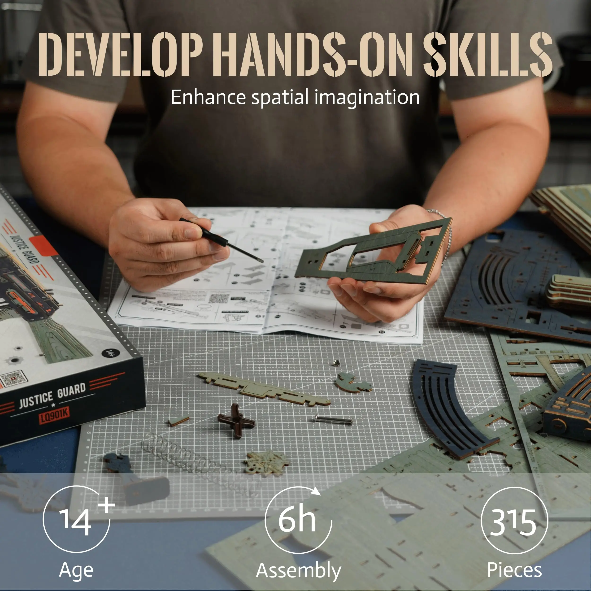 RoWood 3D Quebra-cabeças de madeira Tempo de montagem 6H, kit de modelo de brinquedo de arma de borracha, aniversário/natal/presentes criativos para adultos e adolescentes