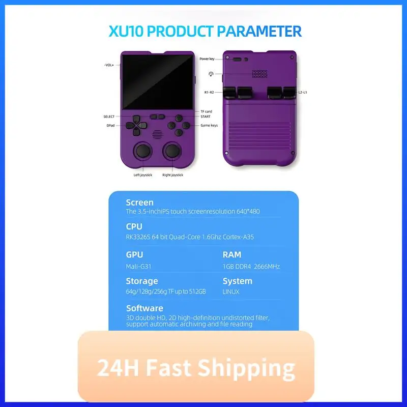 

XU10 Game Console 3.5 Inch IPS Screen 64G Arcade Retro Dual Joystick 3D Game Player RK3326S 64-Bit 3000Mah Purple Easy To Use