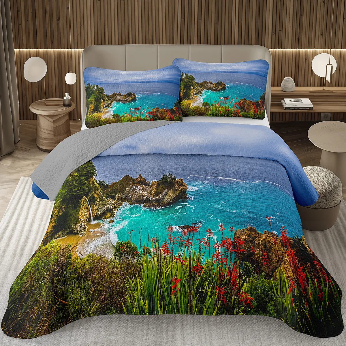 Natural Landscape Coverlet Set Sea Beach Quilt Set Twin Queen Size,Coastal Bedspread Set Seaside Landscape Coastal Theme Bedding