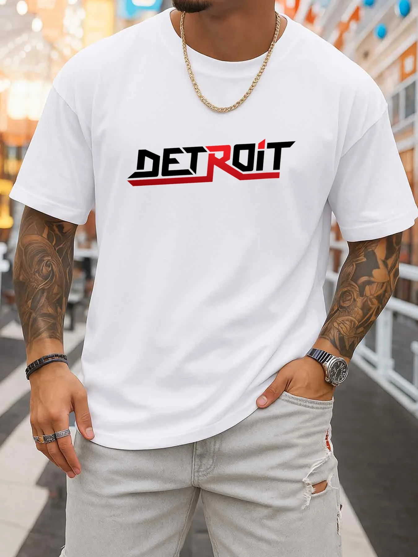 Detroit Pride Graphic T-Shirt Men's Comfortable White Casual Summer T-Shirt Fashion Print, Machine Washable Round Neck, Regular Fit, Short Sleeves Suitable for Daily and Weekend Wear, Casual Sportswear, Easter Gift