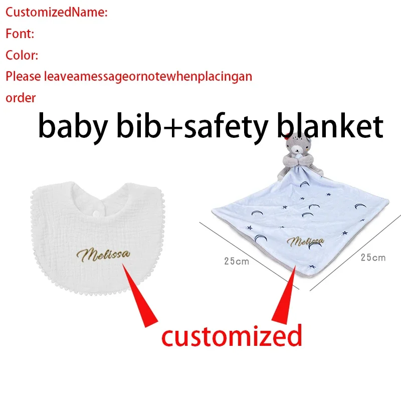 2Pcs/Set Personalized Baby Comforter First Name Plush Custom Baby Bib Boy Girl Accessories Newborn Security Blanket Cuddle Cloth