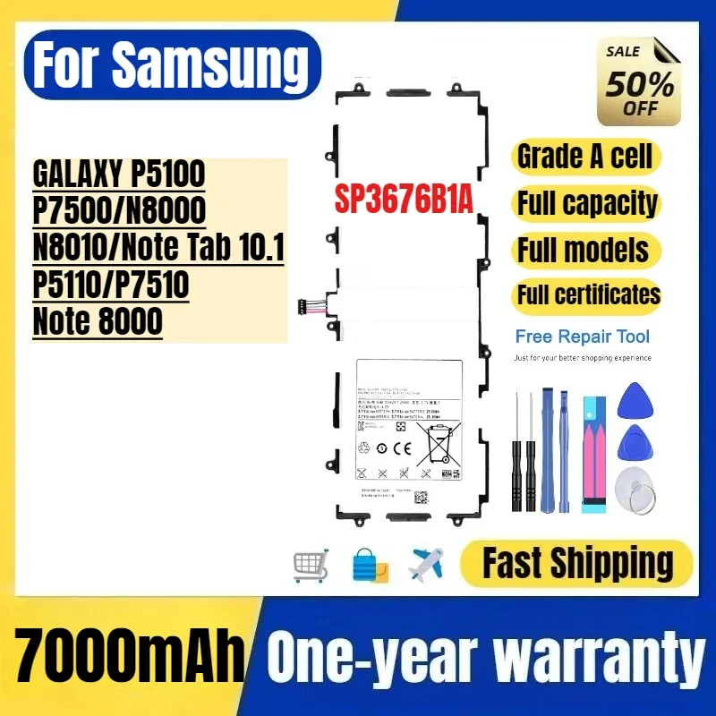 SP3676B1A for Samsung GALAXY P5100/P7500/N8000/N8010/Note Tab 10.1/P5110/P7510/Note 8000 Tablet Battery Replacement Bateria