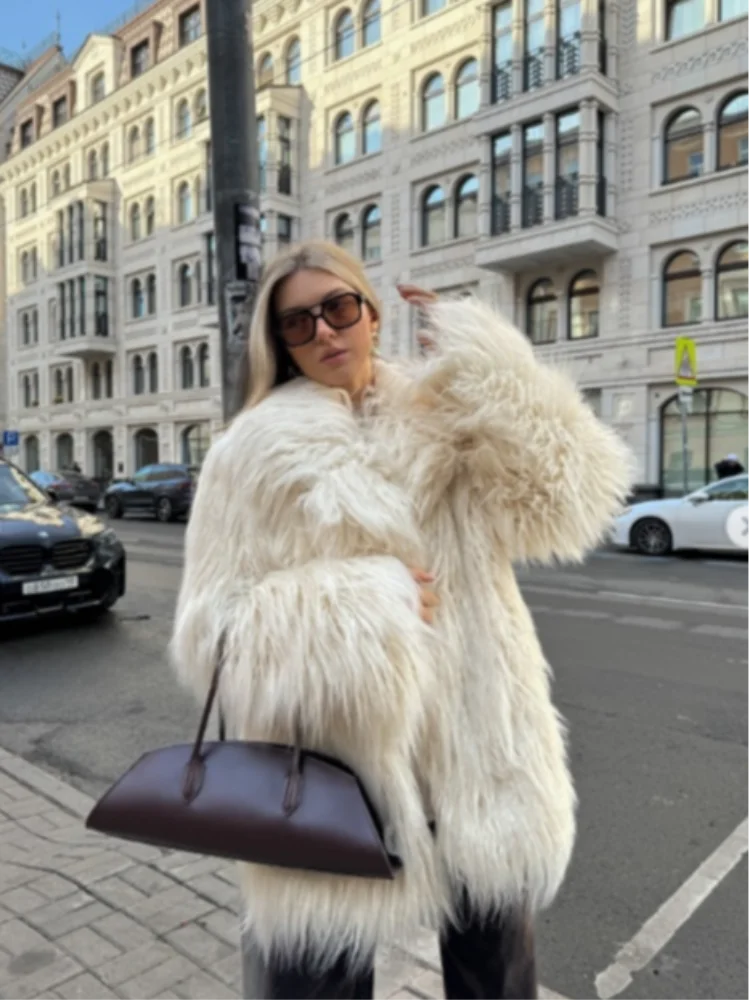 Chic Big Lapel Fluffy Imitation Women's Fur Coat Elegant Long Sleeve Loose Solid Thickened Jacket 2024 Winter Lady New Outerwear