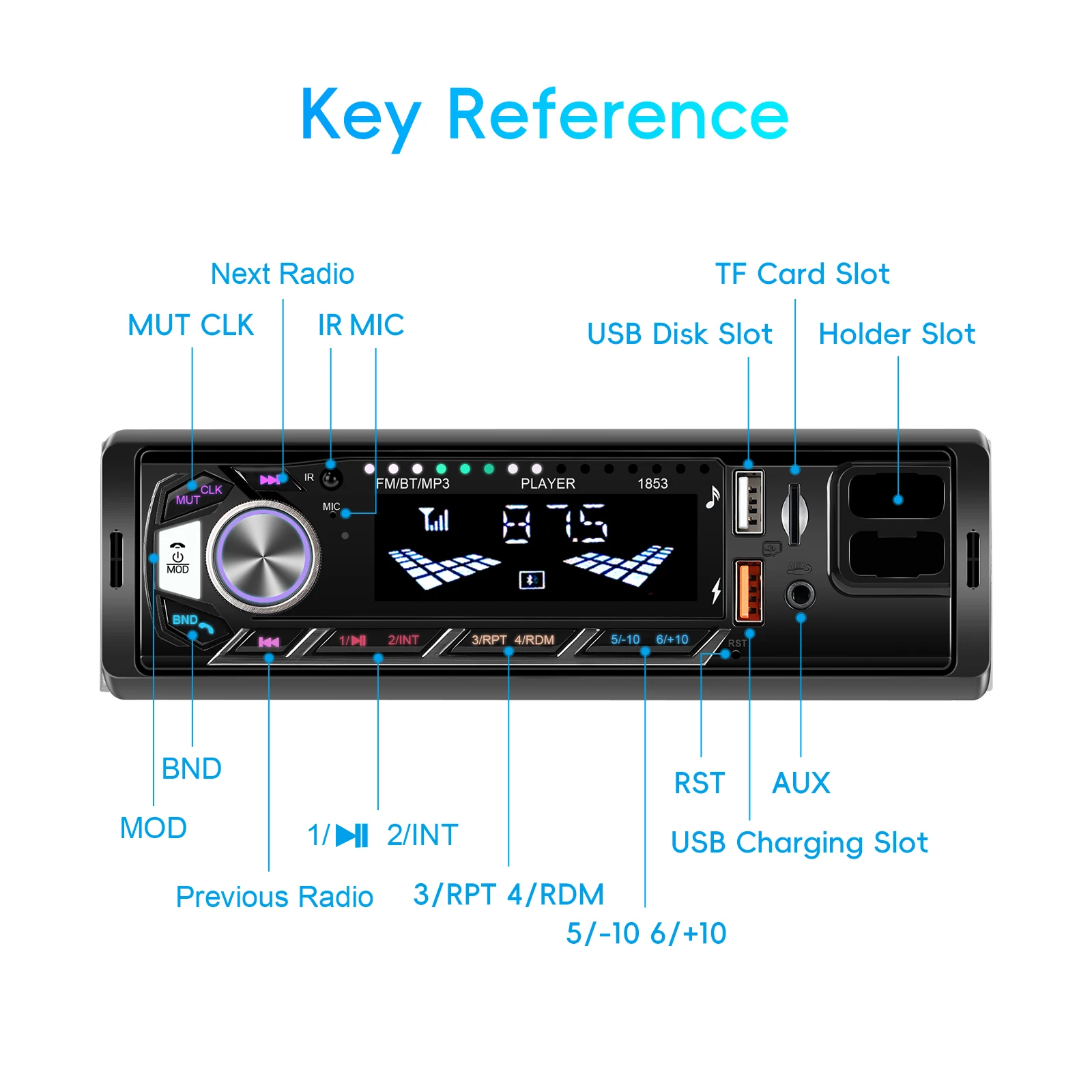 Podofo Auto 1din Audio Radio Bluetooth Stereo MP3-Player FM-Empfänger unterstützt Telefonaufladung AUX/USB/TF-Karte mit Telefonhalterung – Detail 12