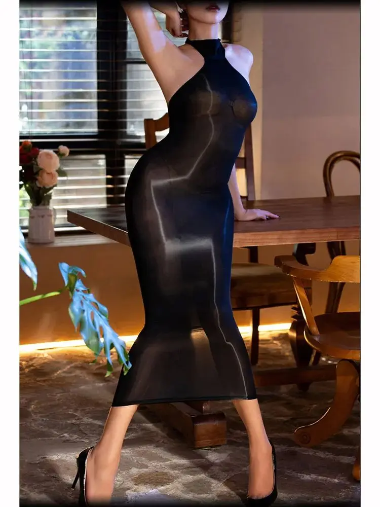 

Sleeveless Glossy Shiny Halter Midi Dress Outside Seamless Nylon Vestido Bodystocking Tights Transparent Sexy Dresses Lingerie