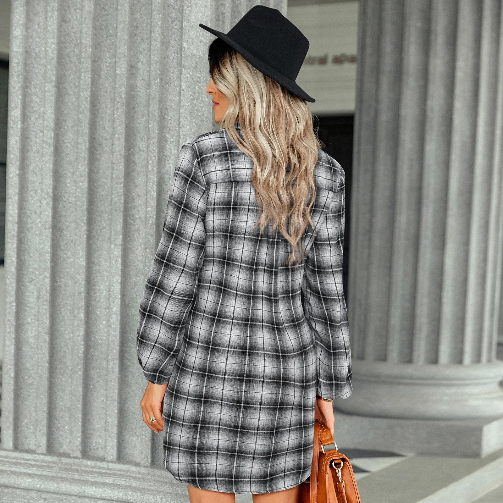 New Casual Belt Tops Femme Fashion Women\'s Long Sleeve Henley Color Block Plaid Tunic Shirt Dress Autumn Women Tee Shirts Blouse