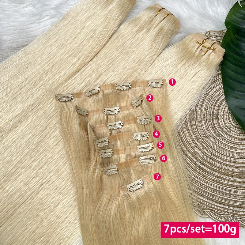 Straight #613 Blonde Color Invisible Clip in Hair Extensions PU Seamless Double Weft Clip Ins 100% Raw Virgin Human Hair 100g
