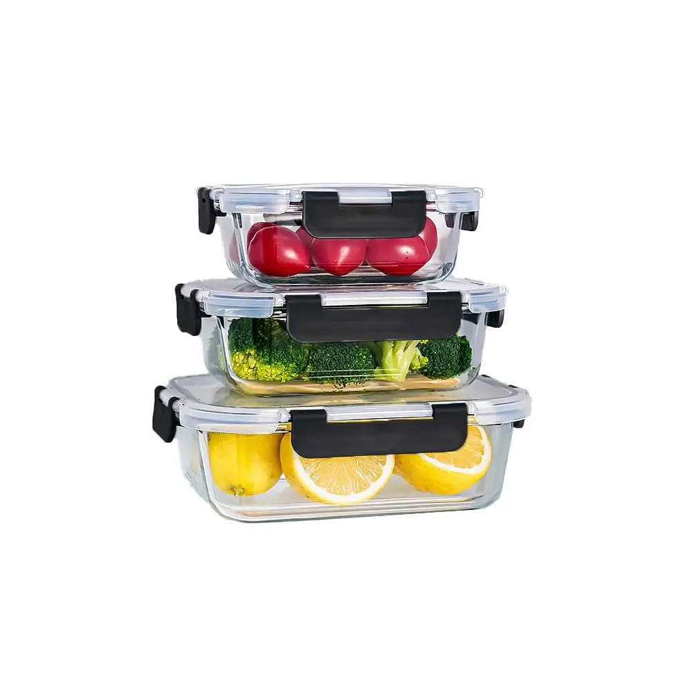 

3 черных прозрачных стеклянных контейнера для хранения, многоразовые герметичные коробки для сохранения свежести, подходят для микроволновой печи, холодильника, посудомоечной машины.